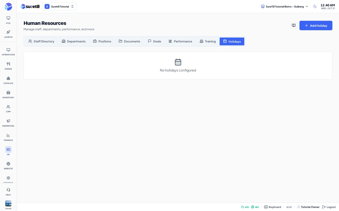 The holidays window on the Employees (Human Resources) page