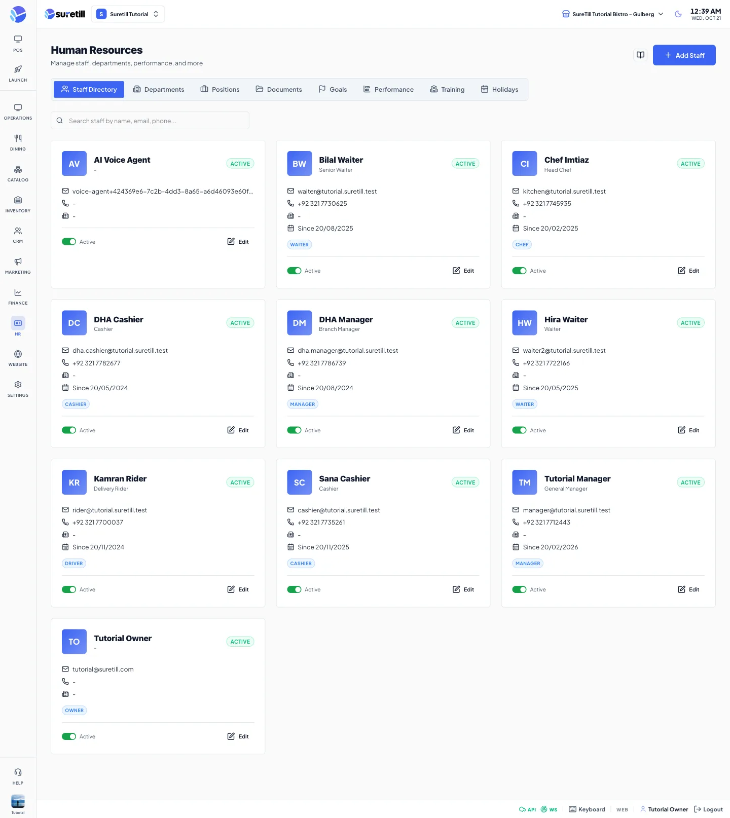 The Human Resources page with eight tabs and one card per employee showing name, contact details, role badges and an Active switch