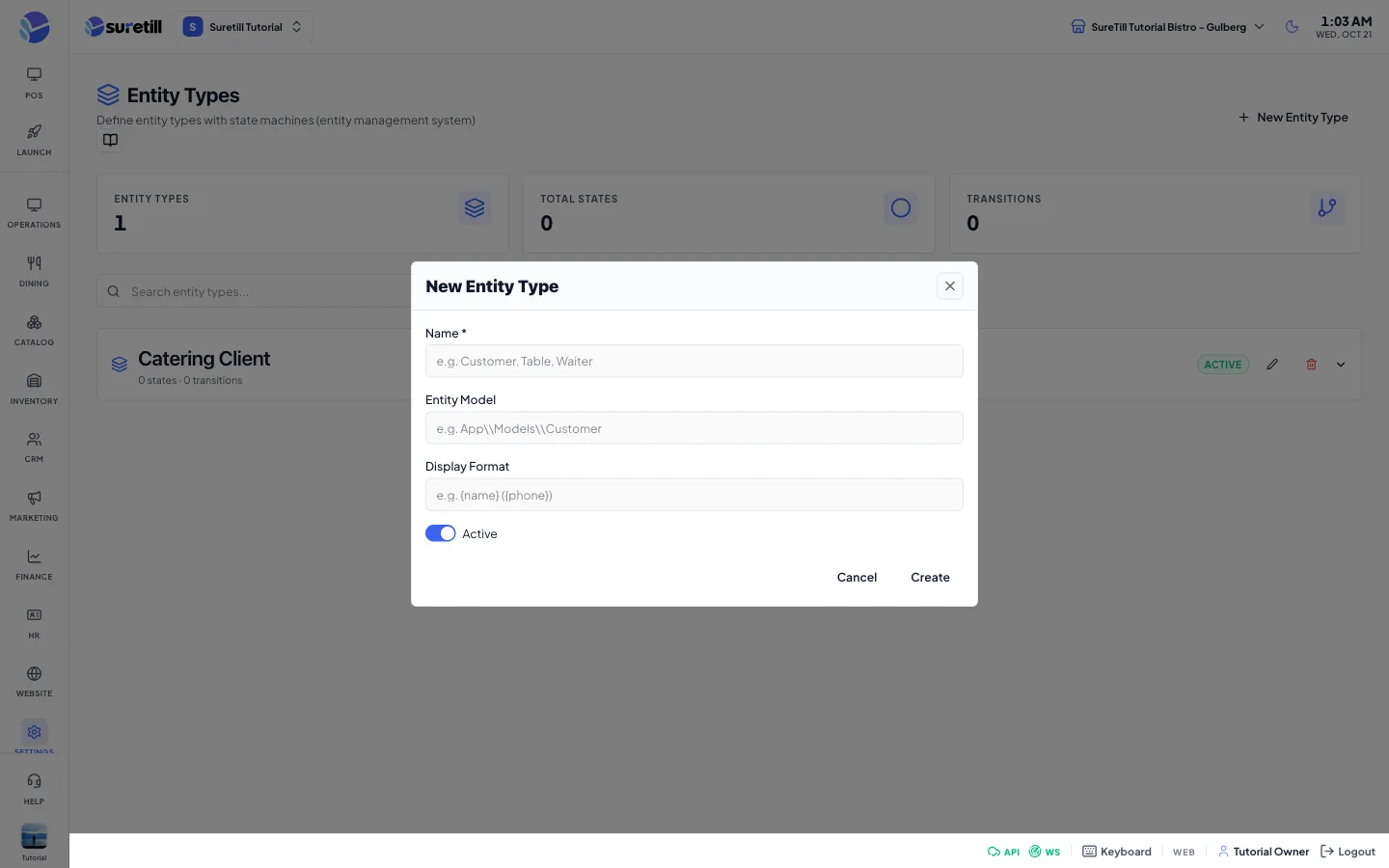 The new entity type window on the Entity Types page