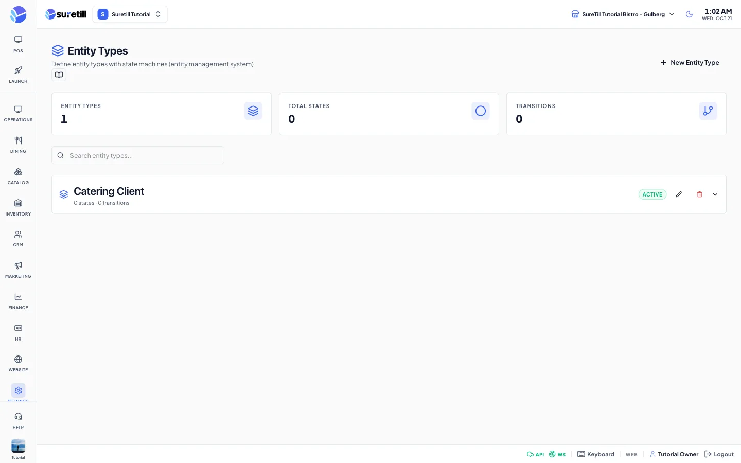 The Entity Types page with three counters, a search box and a list of entity types that expand to show their states.