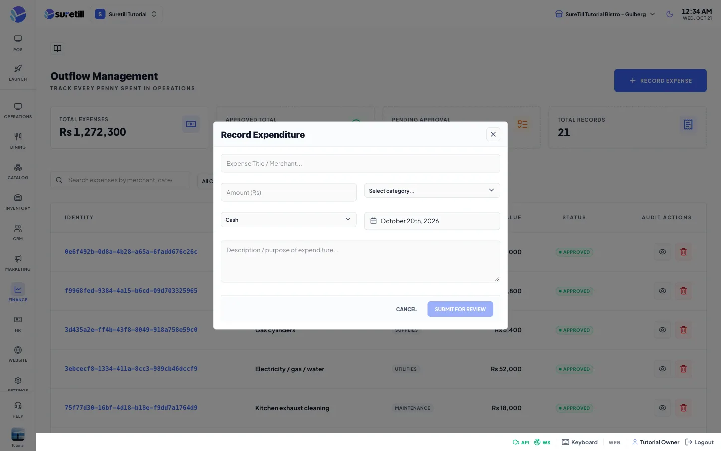 The record expense window on the Expenses page