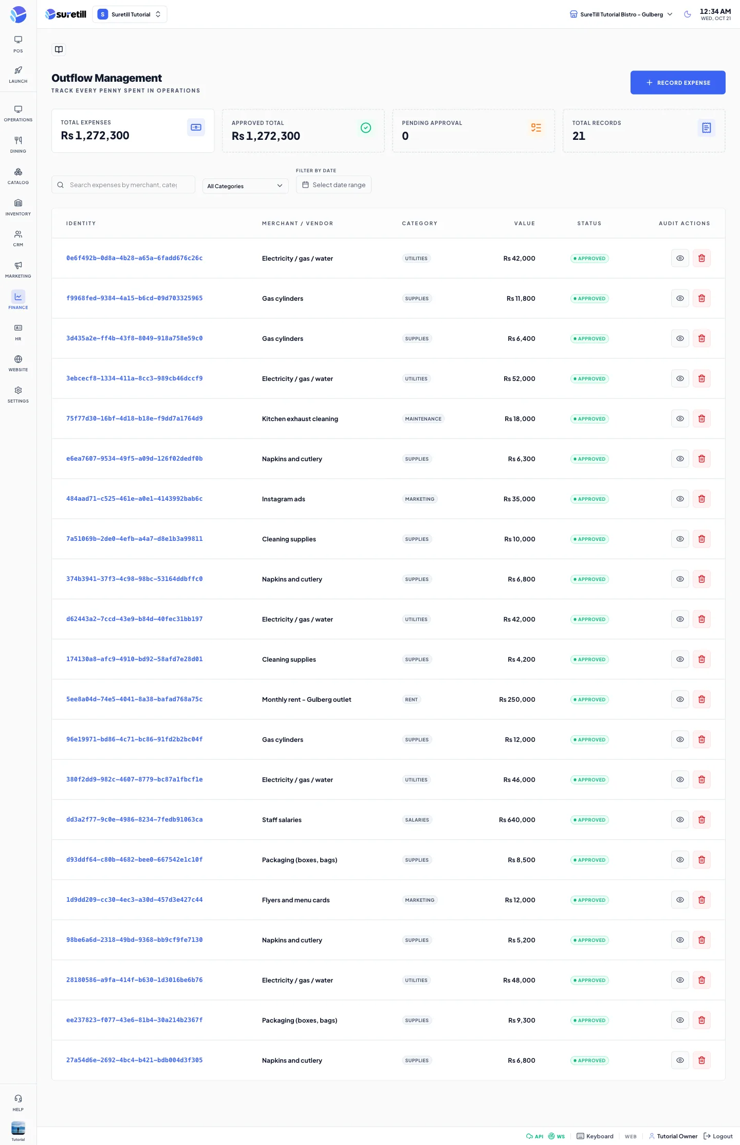 The Expenses page with four counters, filters and the expenses table with approve, reject, view and delete buttons
