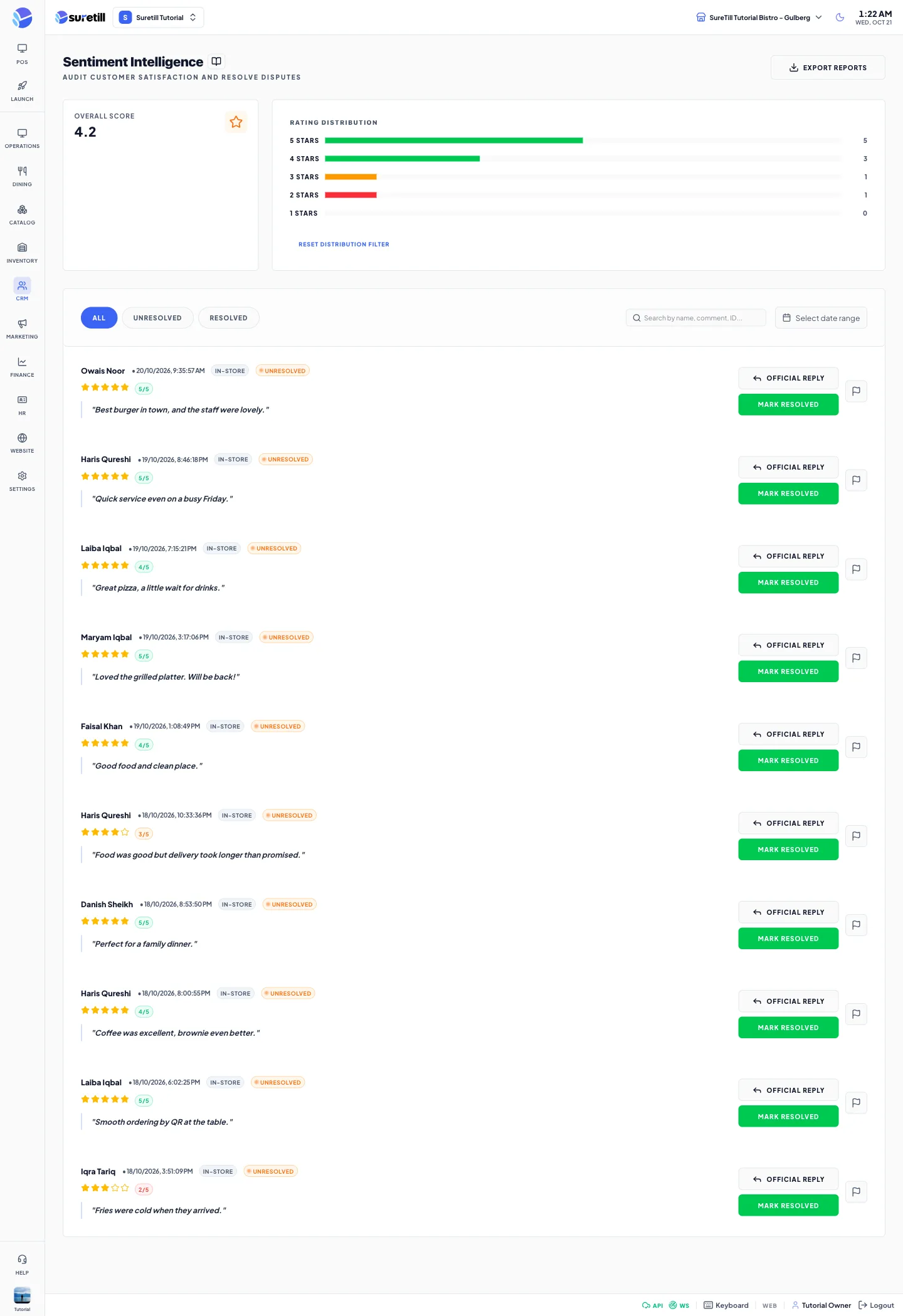 The Feedback page with the overall score, the star distribution and the list of reviews