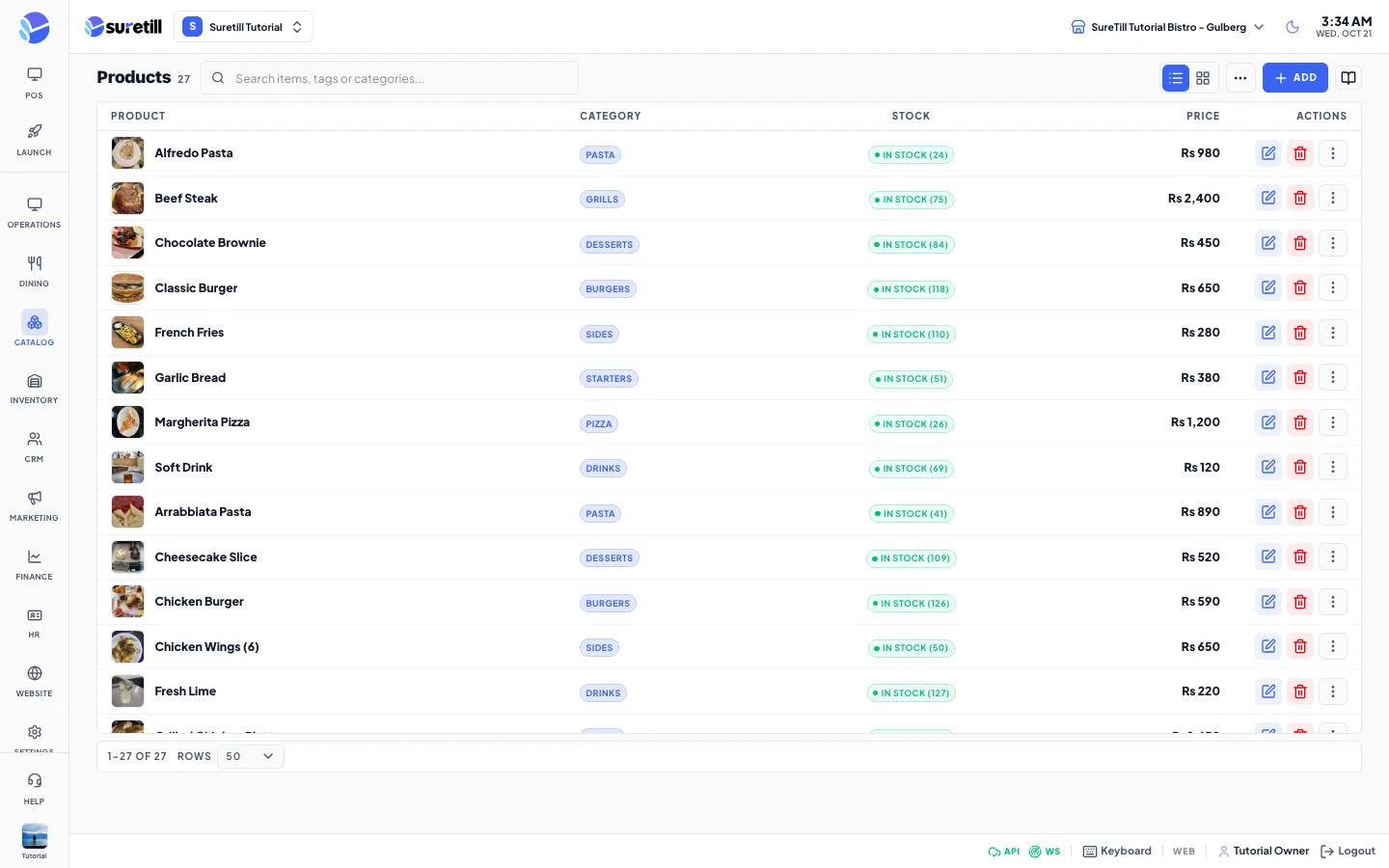 The Products screen showing menu items created by a spreadsheet import