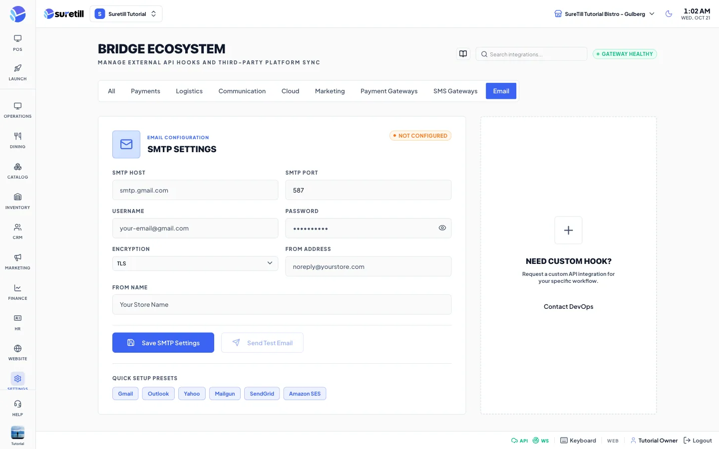 The email window on the Integrations: payment gateways, SMS and WhatsApp, banks and email page