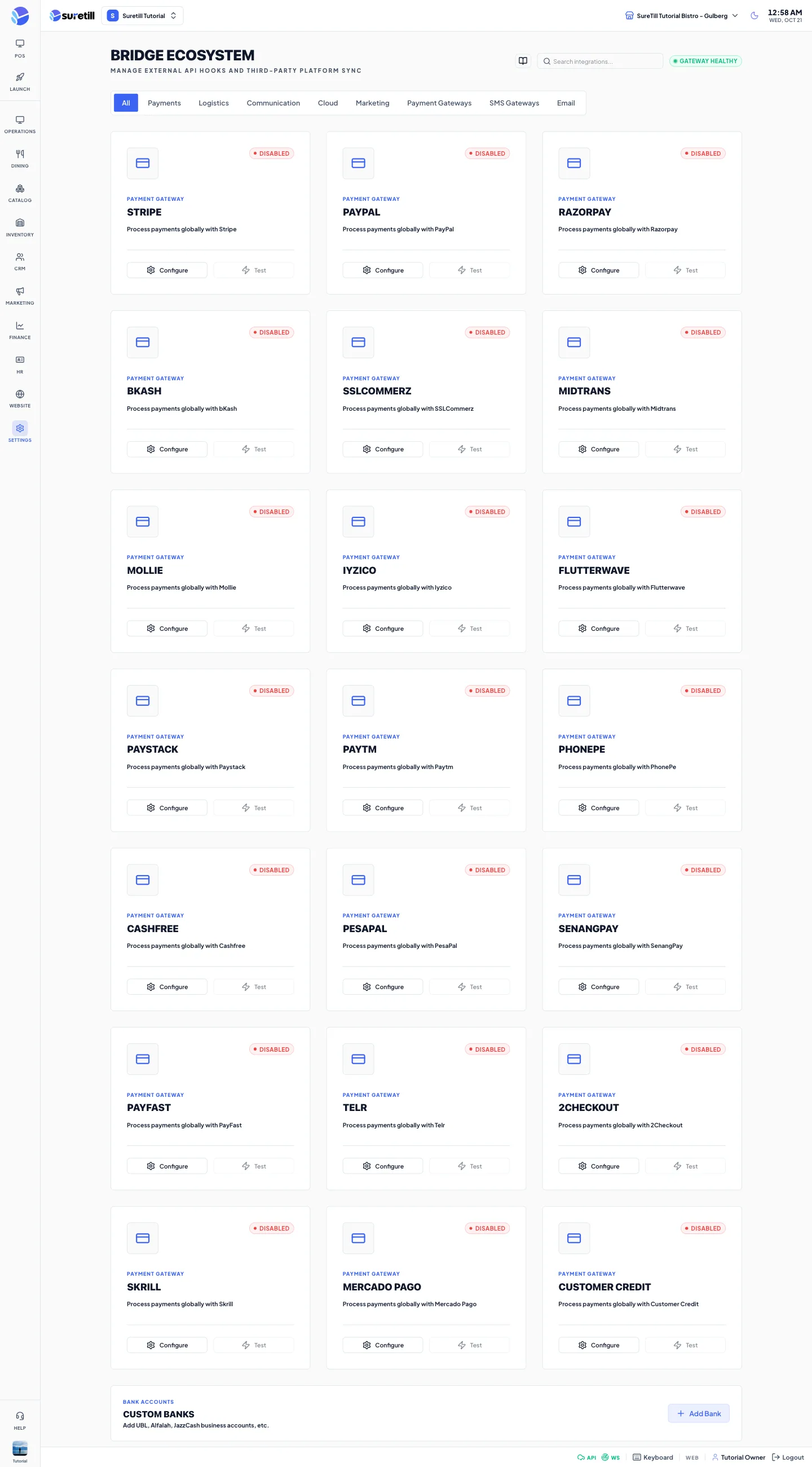 The Integrations page titled Bridge Ecosystem with category tabs across the top and a grid of gateway cards.