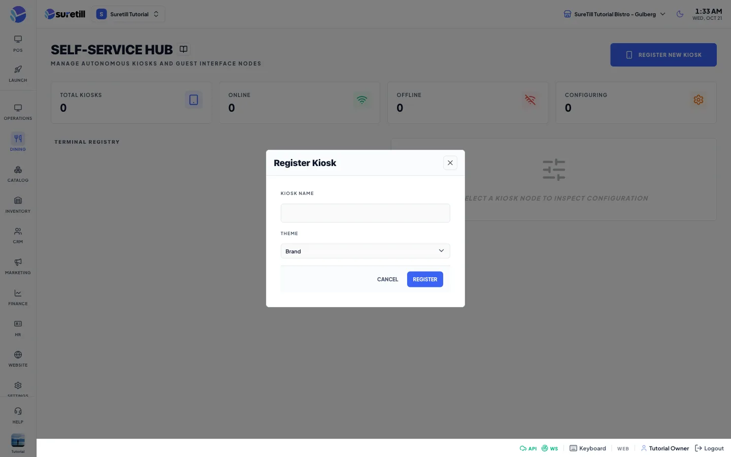 The register new kiosk window on the Kiosk Mode page