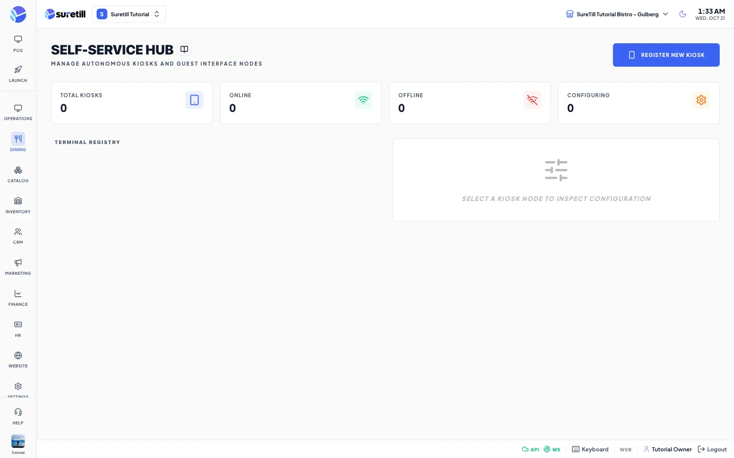 The Self-Service Hub page with kiosk counters and the terminal registry