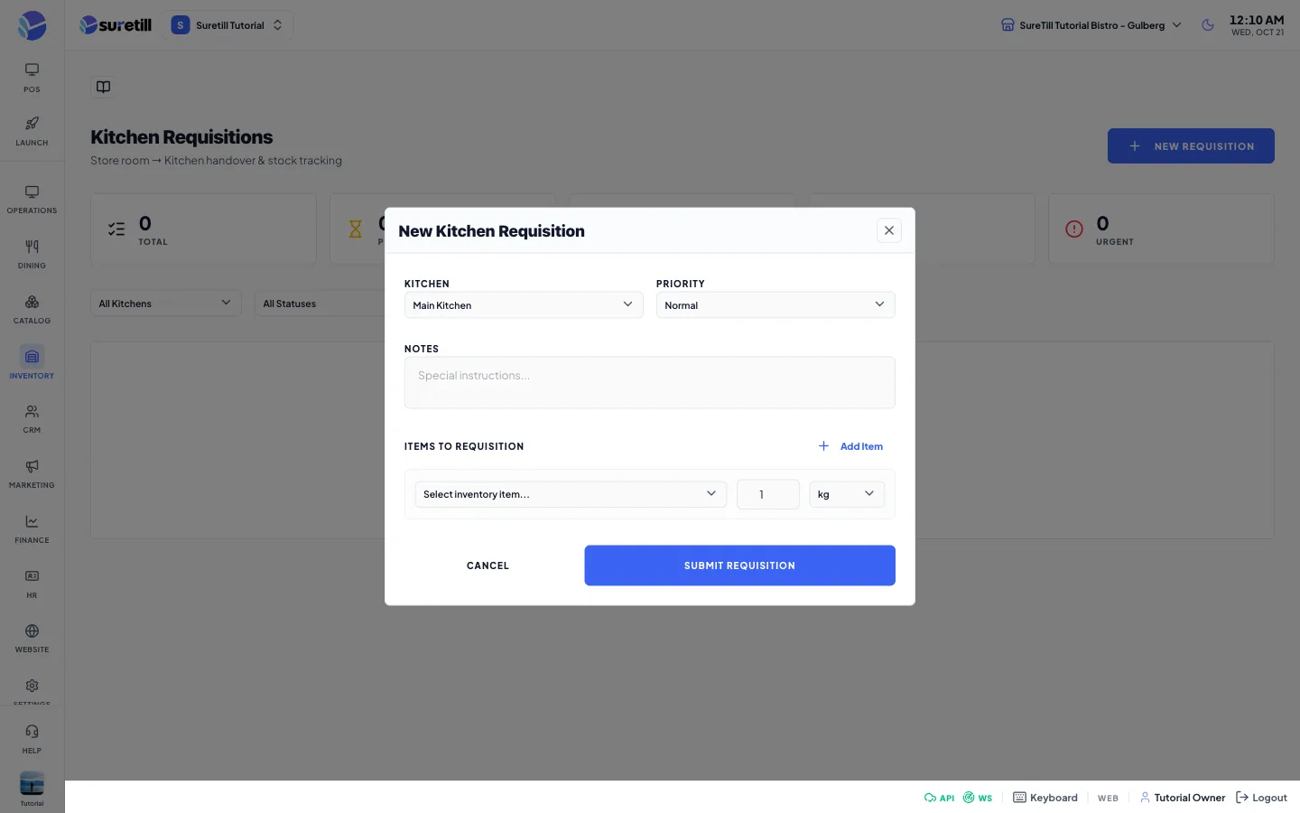 The new requisition window on the Kitchen Requisitions page