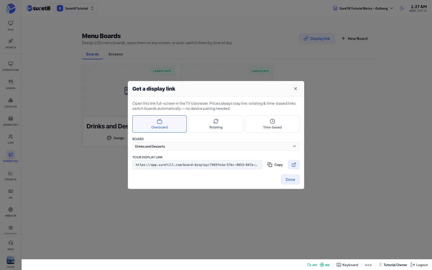 The display link window on the Menu Boards page