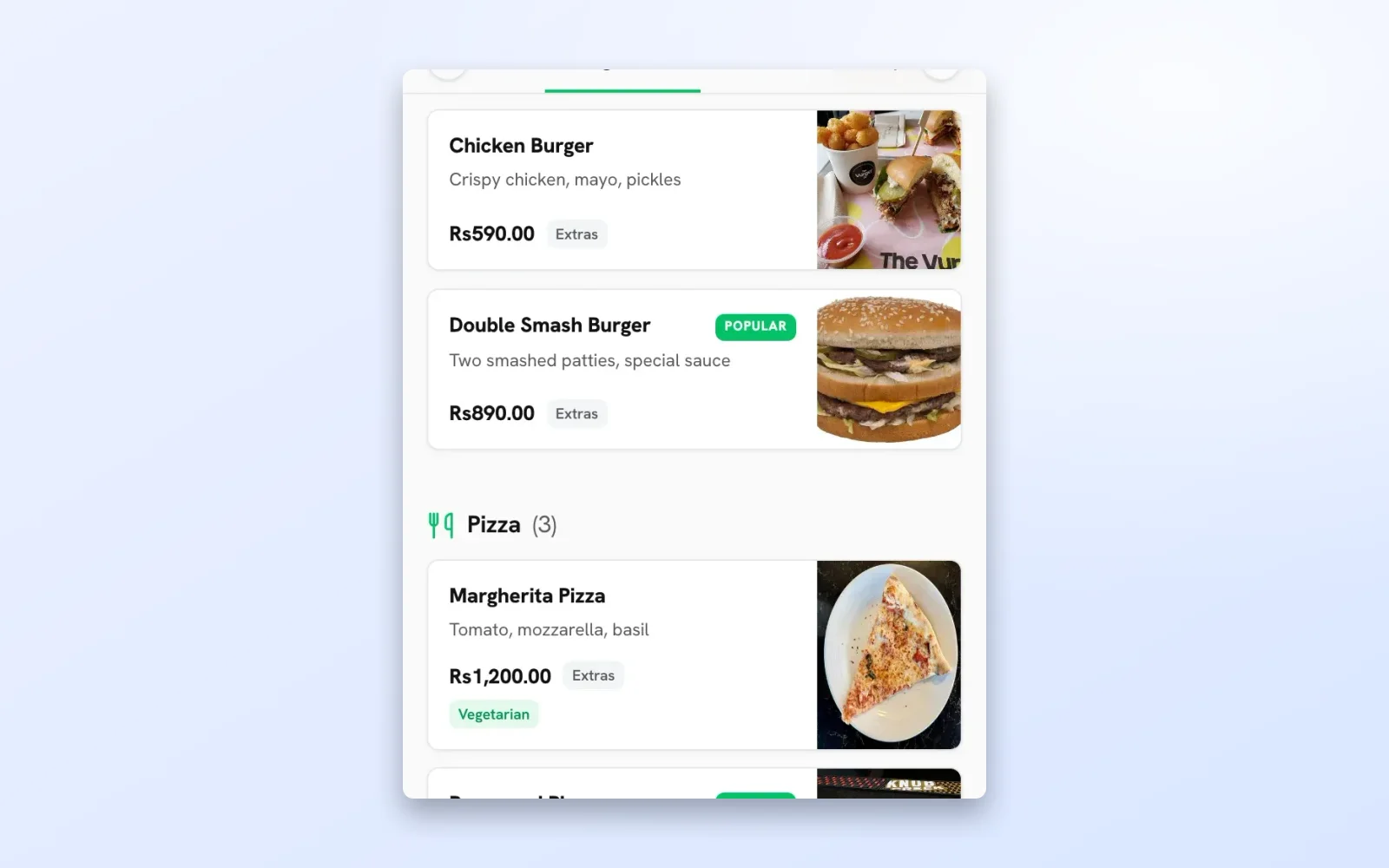 The public QR menu scrolled to Burgers and Pizza with Popular, New and Vegetarian badges