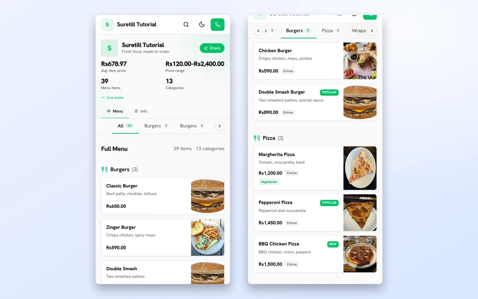The public QR menu on a phone with the restaurant name, statistics and the first category with photos and prices