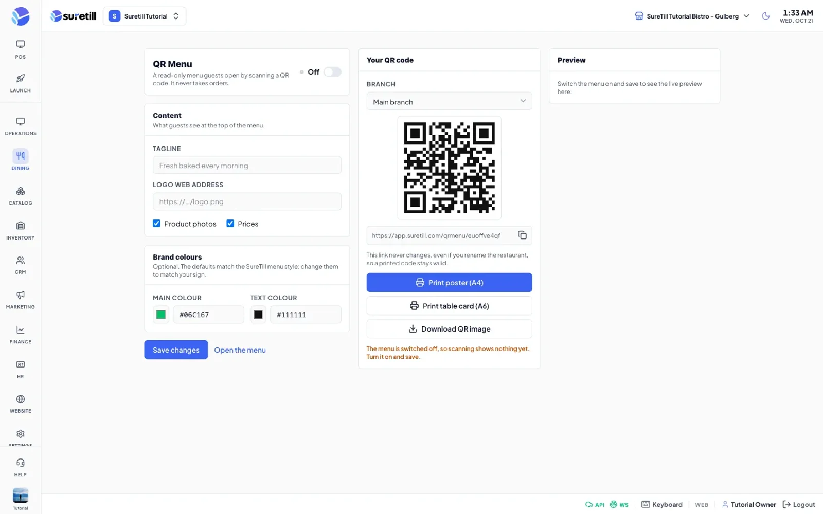 The QR Menu admin page with settings, the QR code and a phone preview