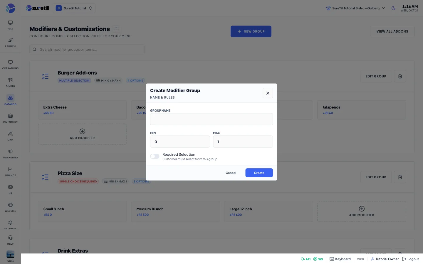 The new group window on the Modifiers page