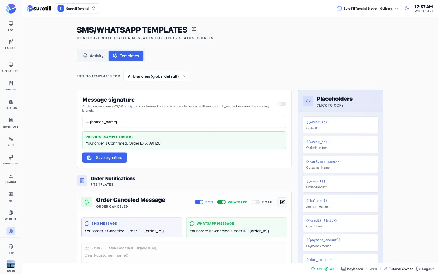 The templates window on the Notifications: activity stream and message templates page