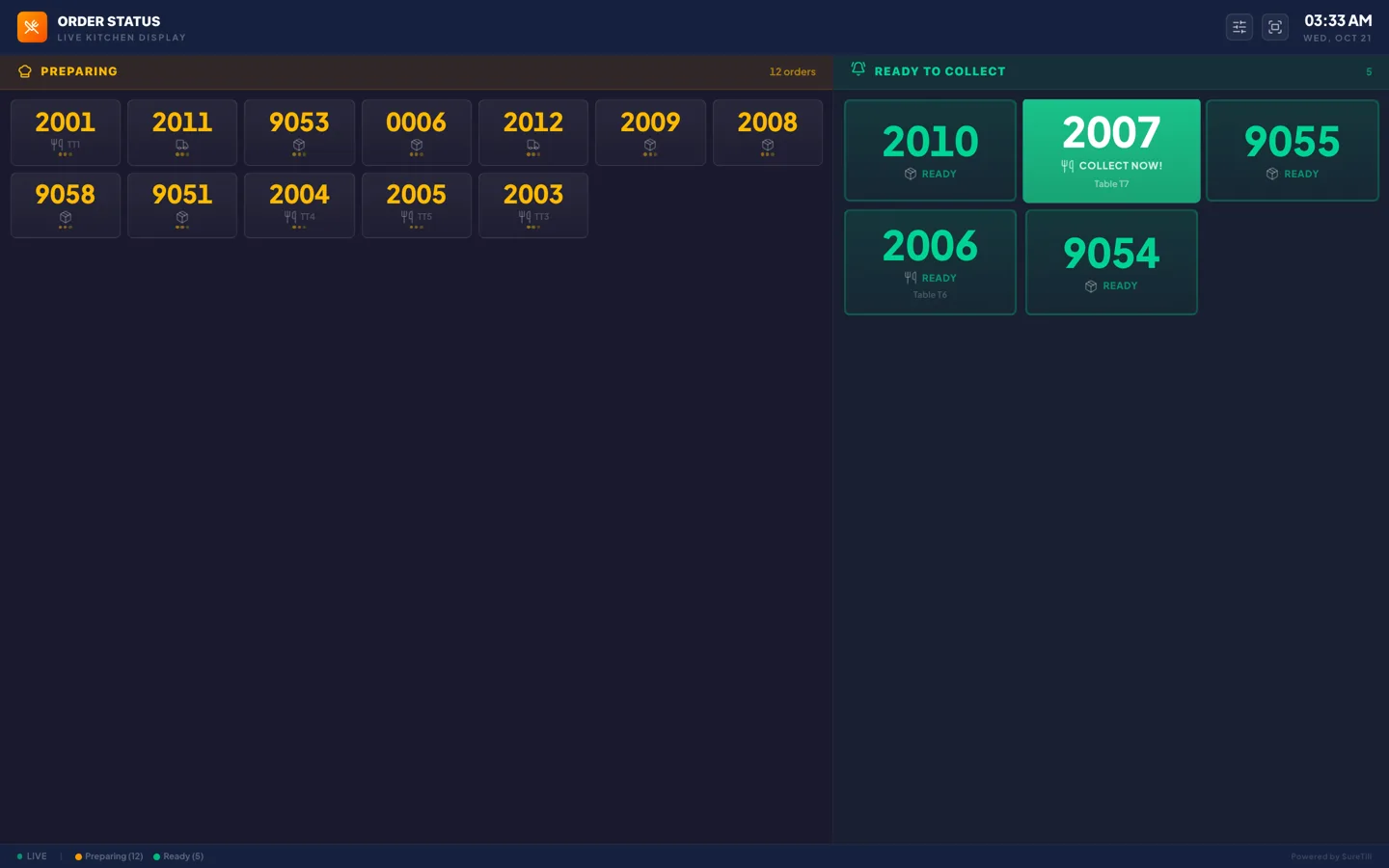 The order status screen with a Preparing column of order numbers and a Ready to Collect column of large green cards