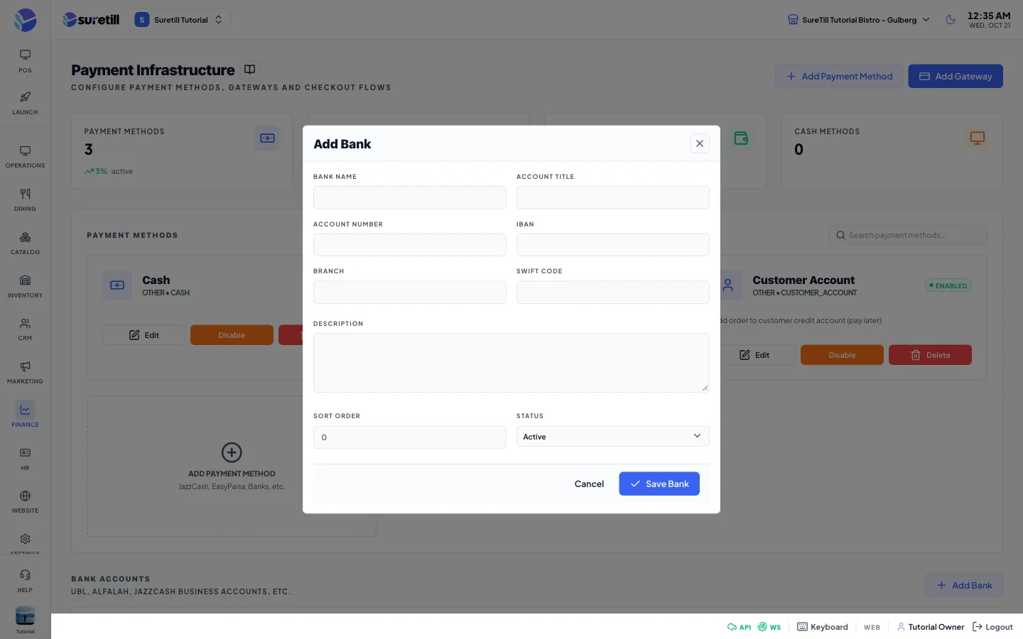 The add bank window on the Payments page