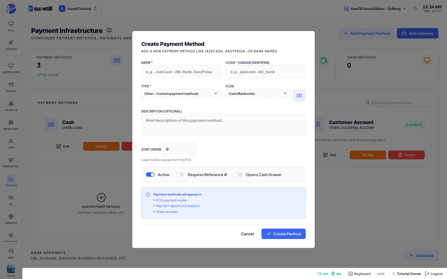 The add payment method window on the Payments page