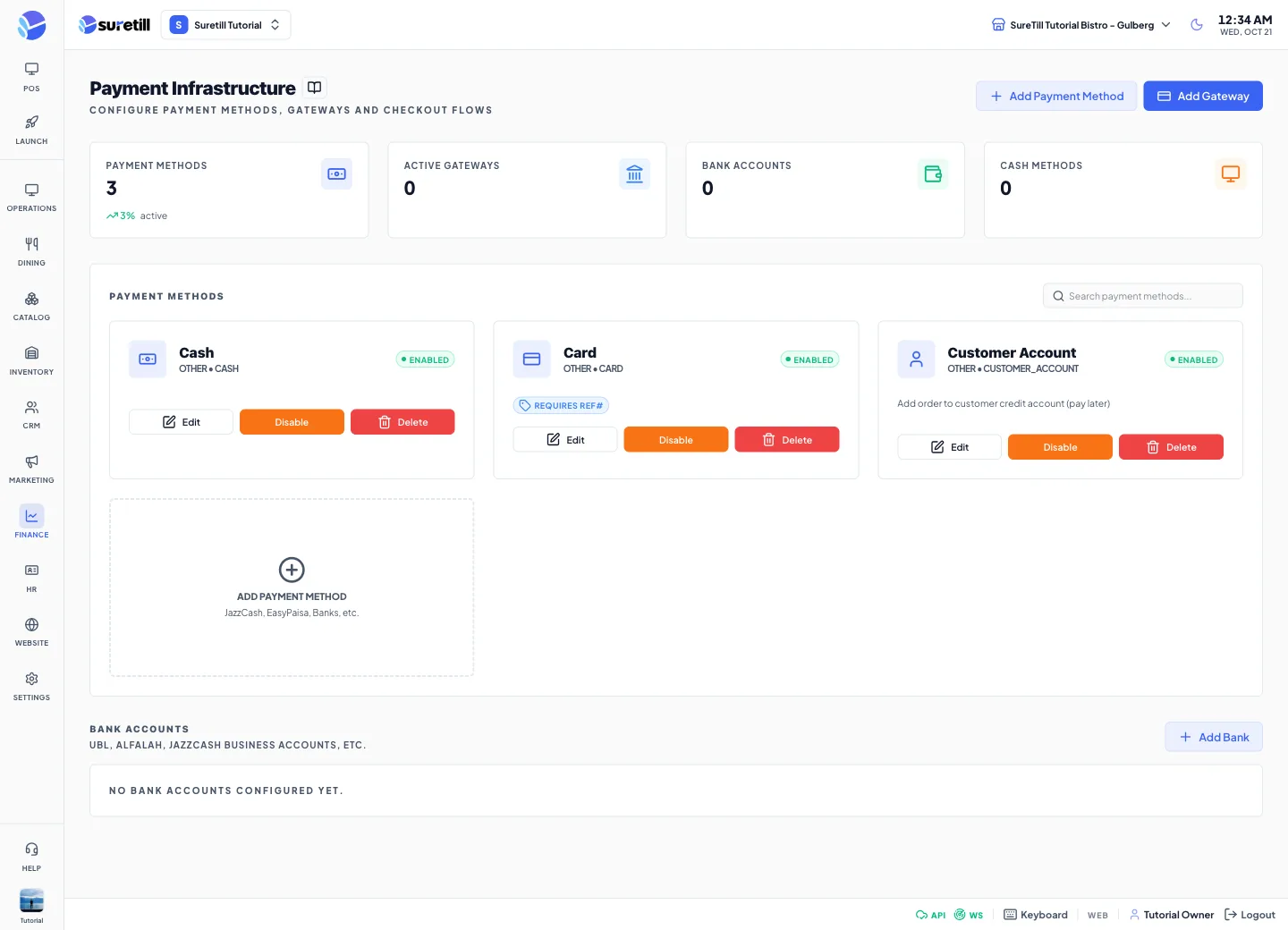 The Payment Infrastructure page with four counters, payment method cards and the bank accounts section