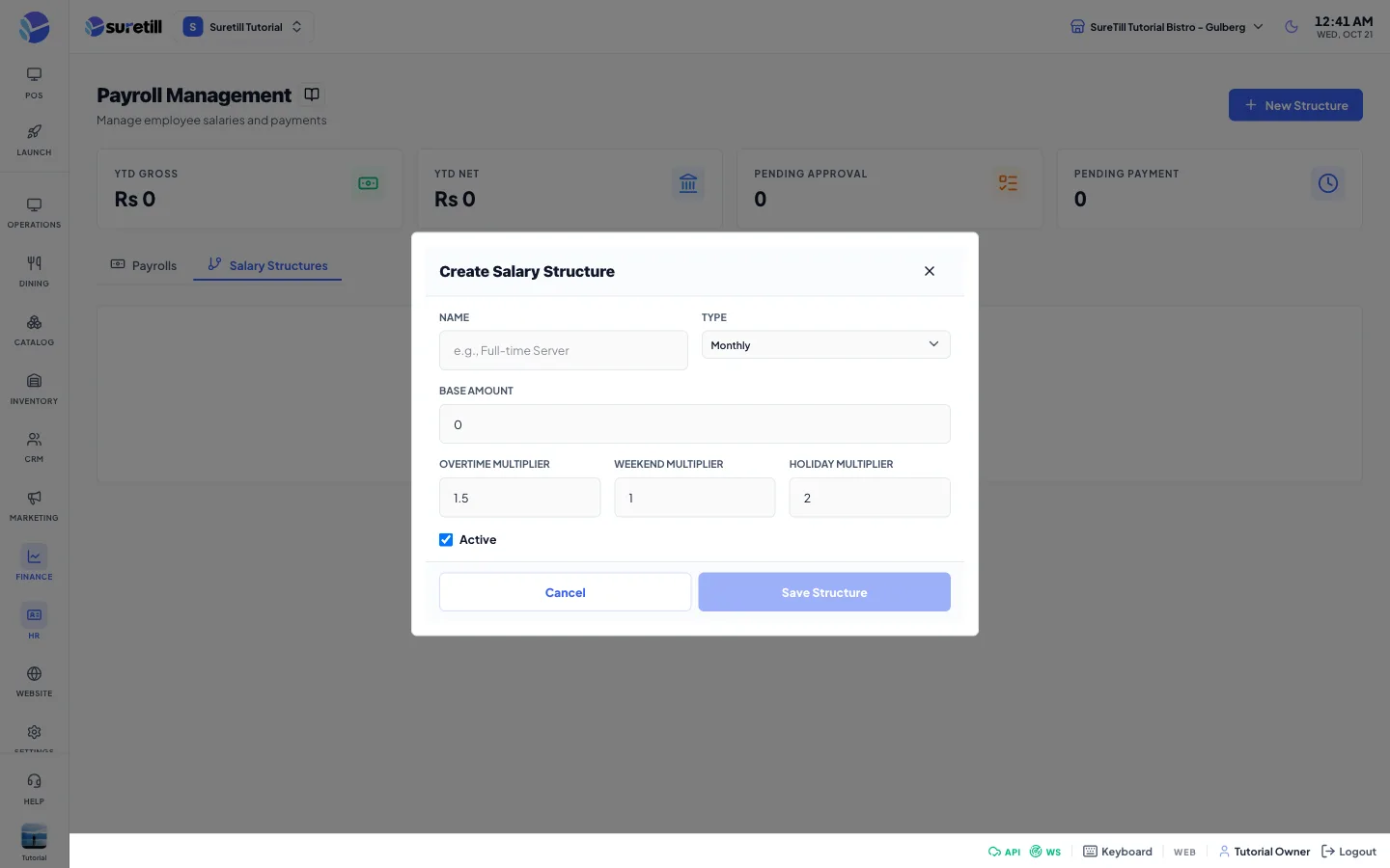 The new structure window on the Payroll page