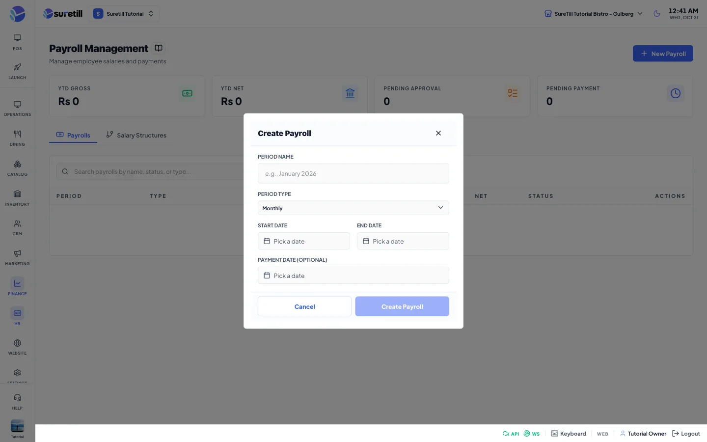 The new payroll window on the Payroll page