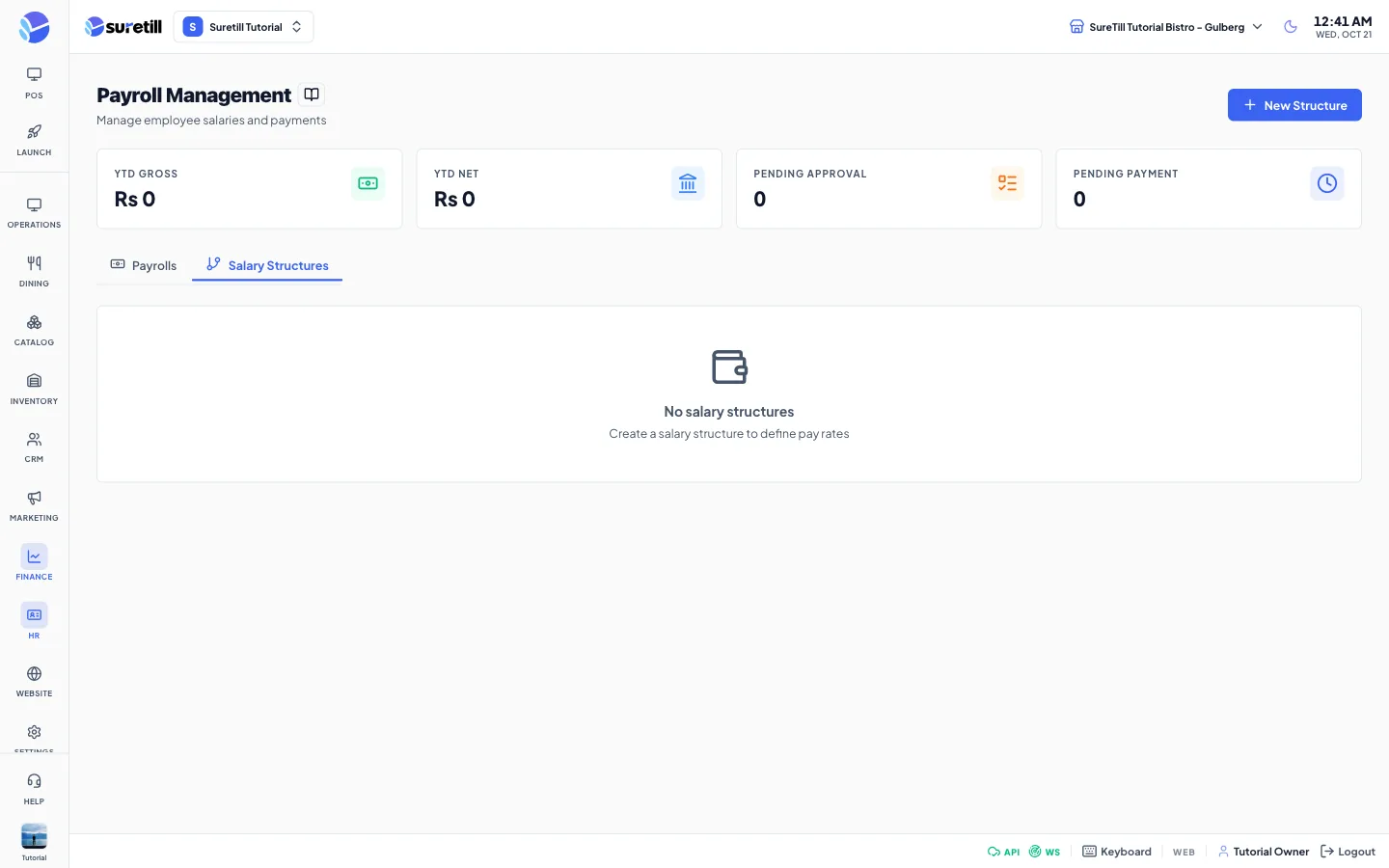 The salary structures window on the Payroll page