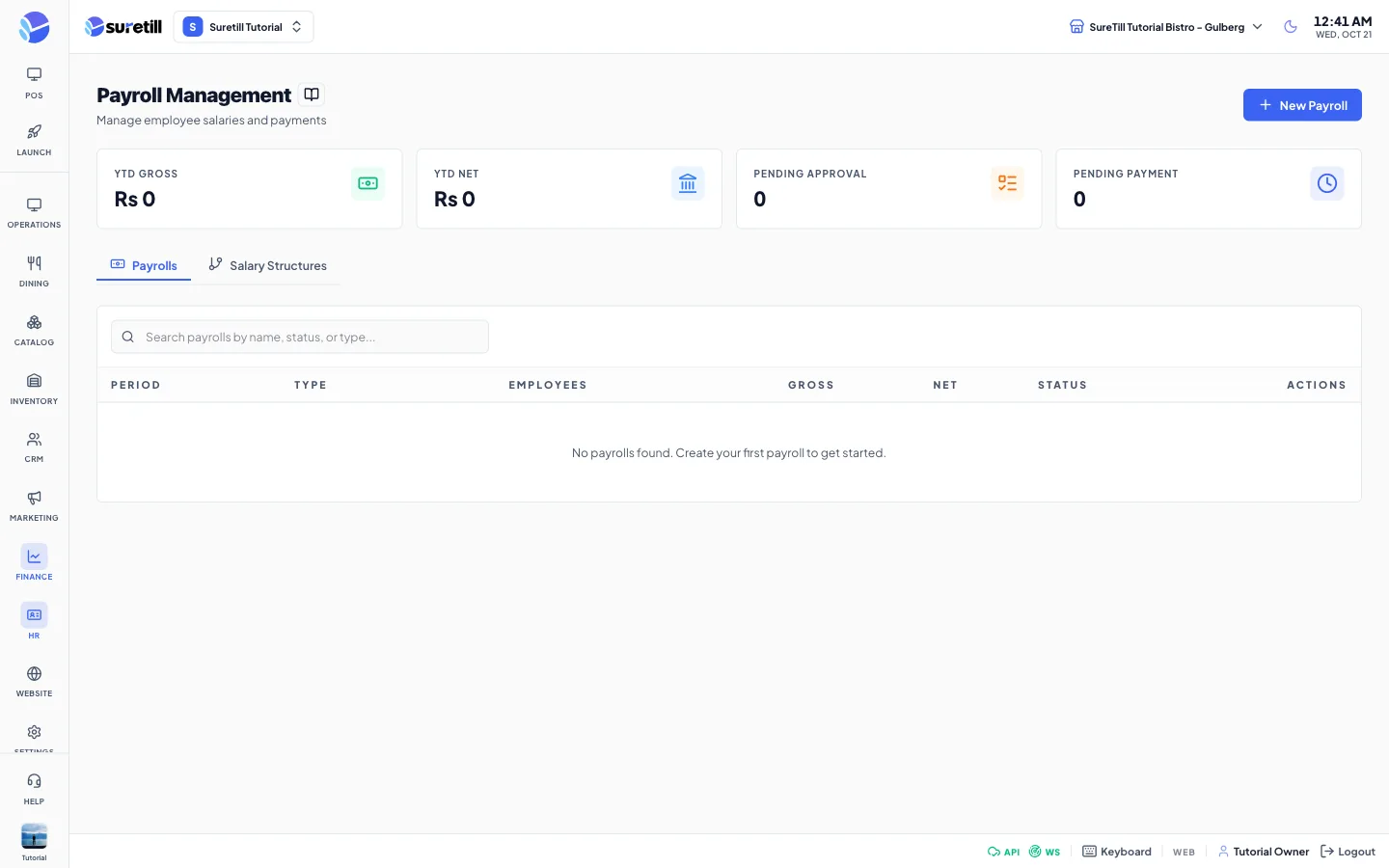 The Payroll Management page with four summary cards, the Payrolls and Salary Structures tabs and a table of payroll periods