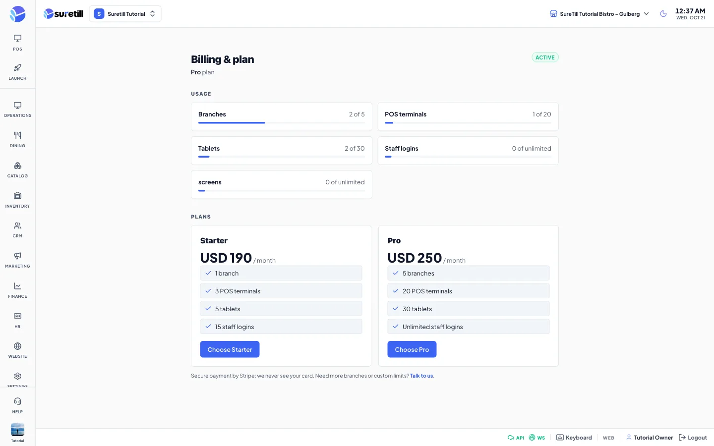 The Billing and plan page with the trial status, usage bars and plan cards