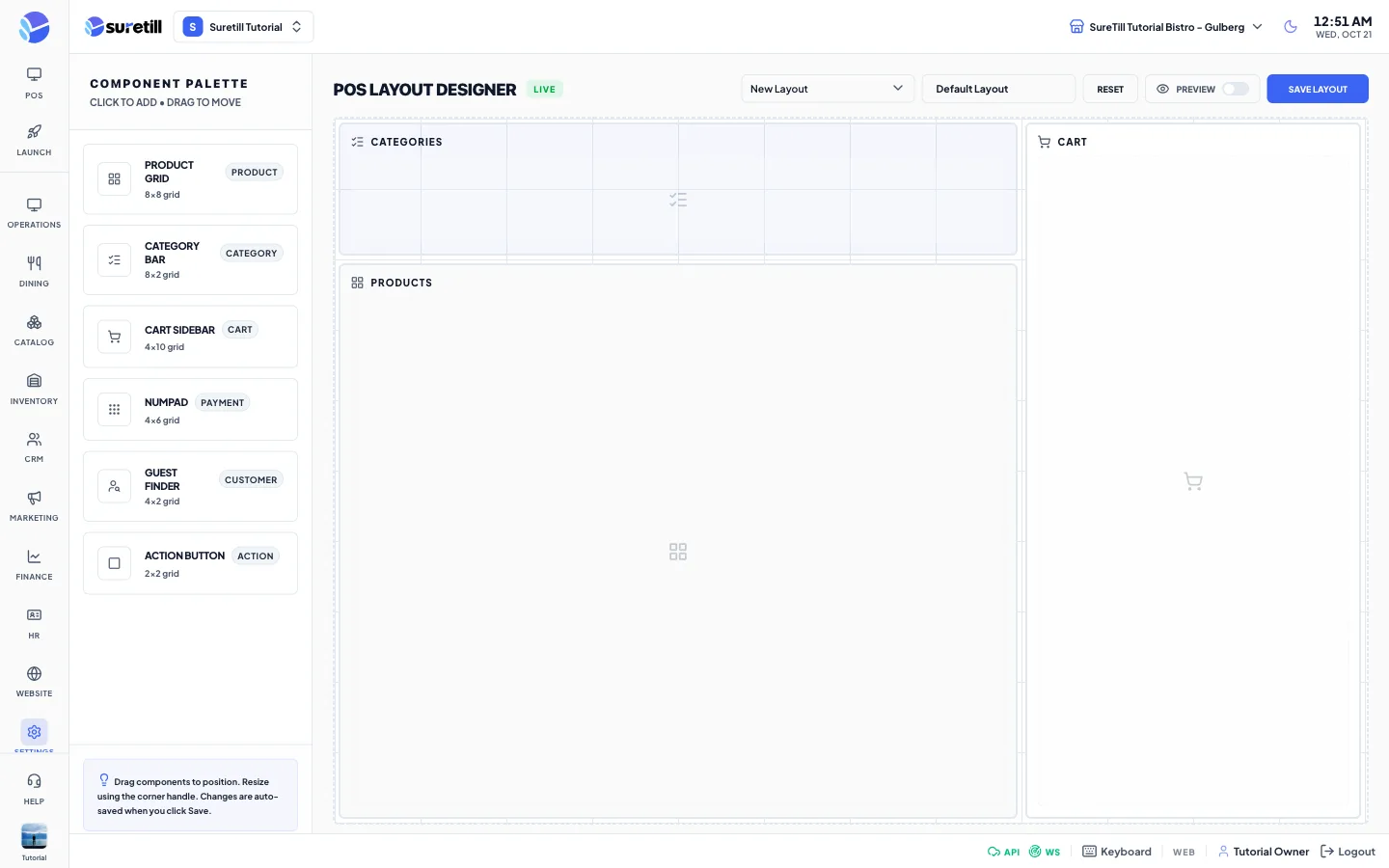 The POS Designer with the component palette, the grid canvas and the properties panel