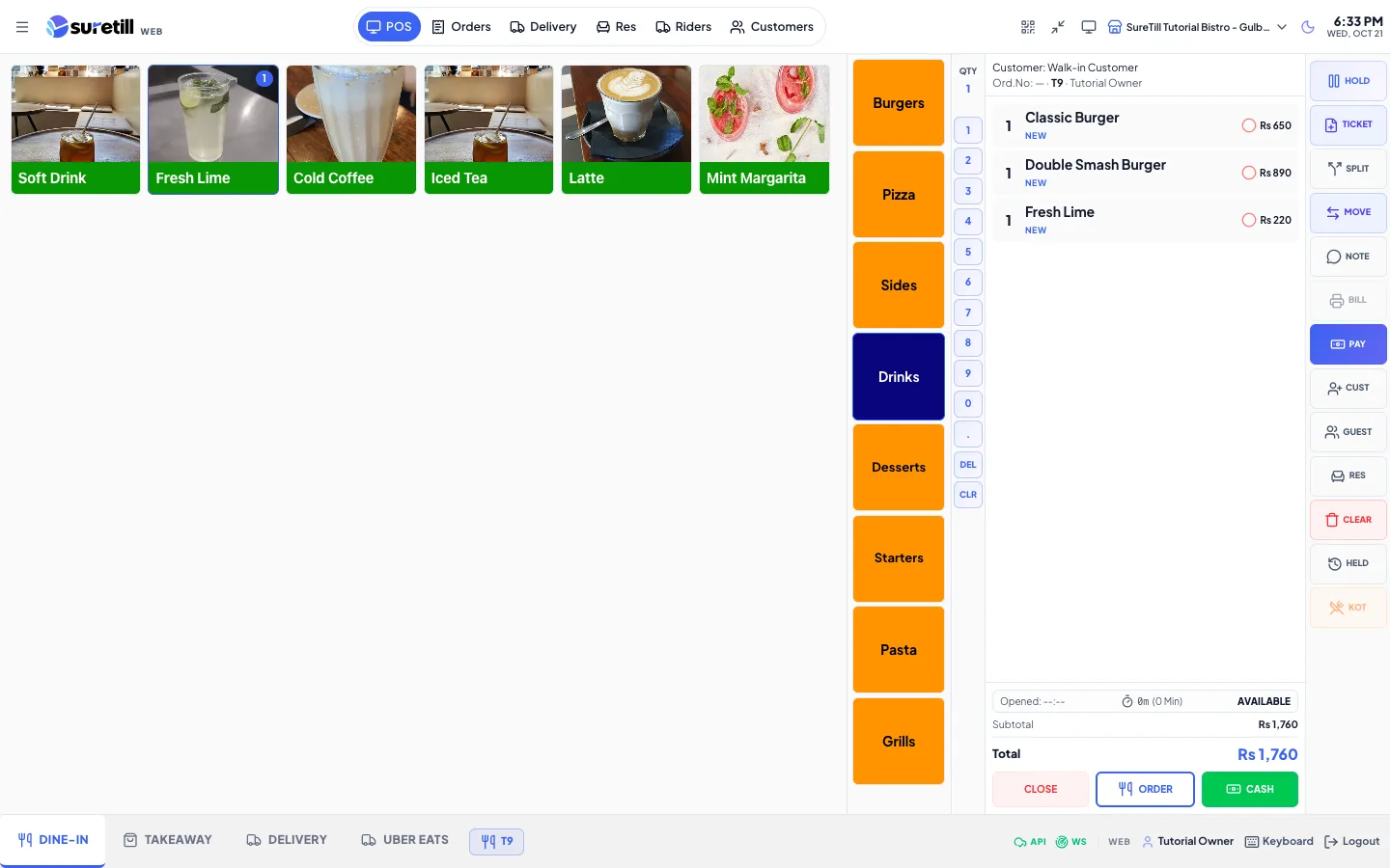 The POS cart with items, totals and the column of action buttons