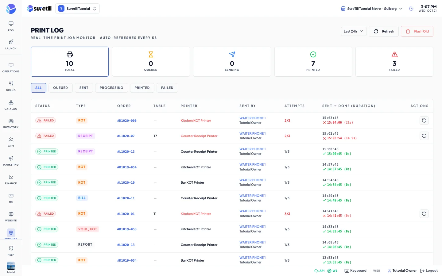 The Print Log page with five counters, status filters and a table of print jobs