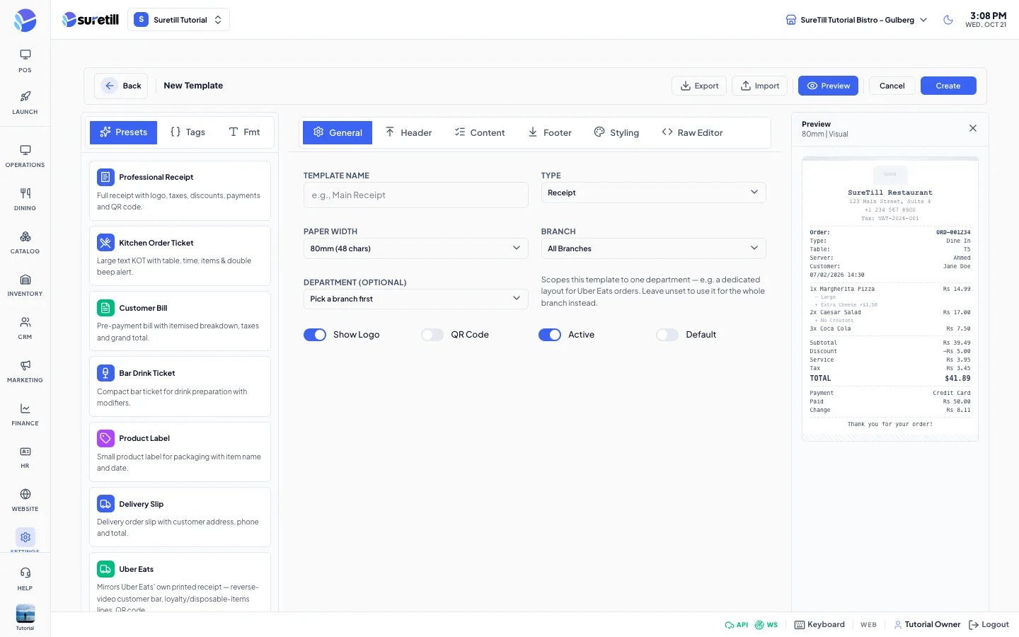The new template window on the Print Templates page