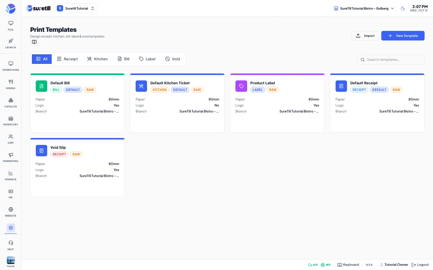 The Print Templates page with filter tabs by type and one card per template