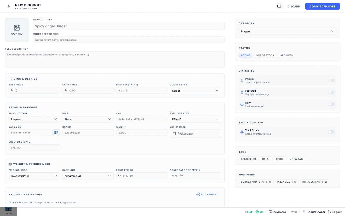 The add window on the Products page