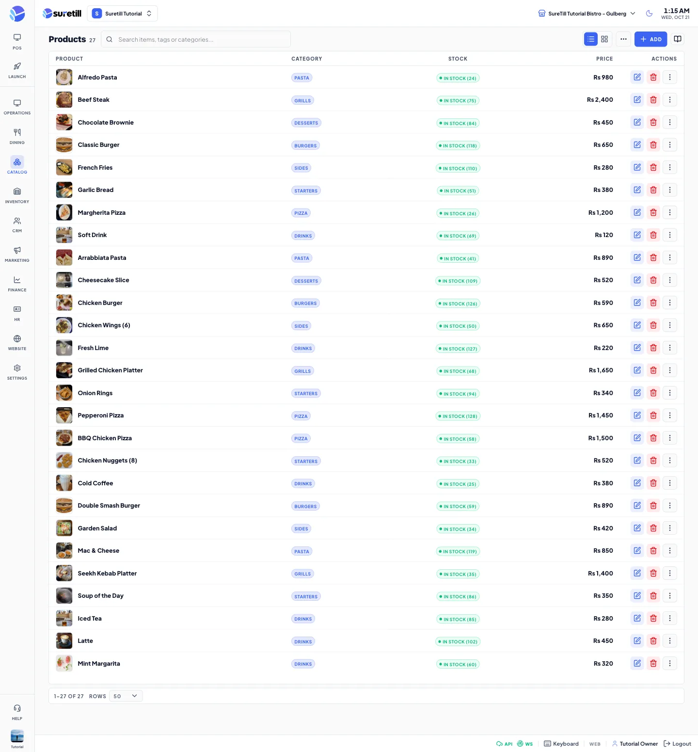 The Products list with search, list and grid switch, the Add button and the product table.