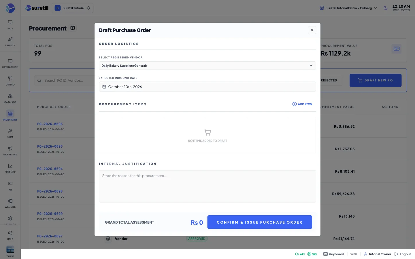 The draft new po window on the Purchase Orders (Procurement) page