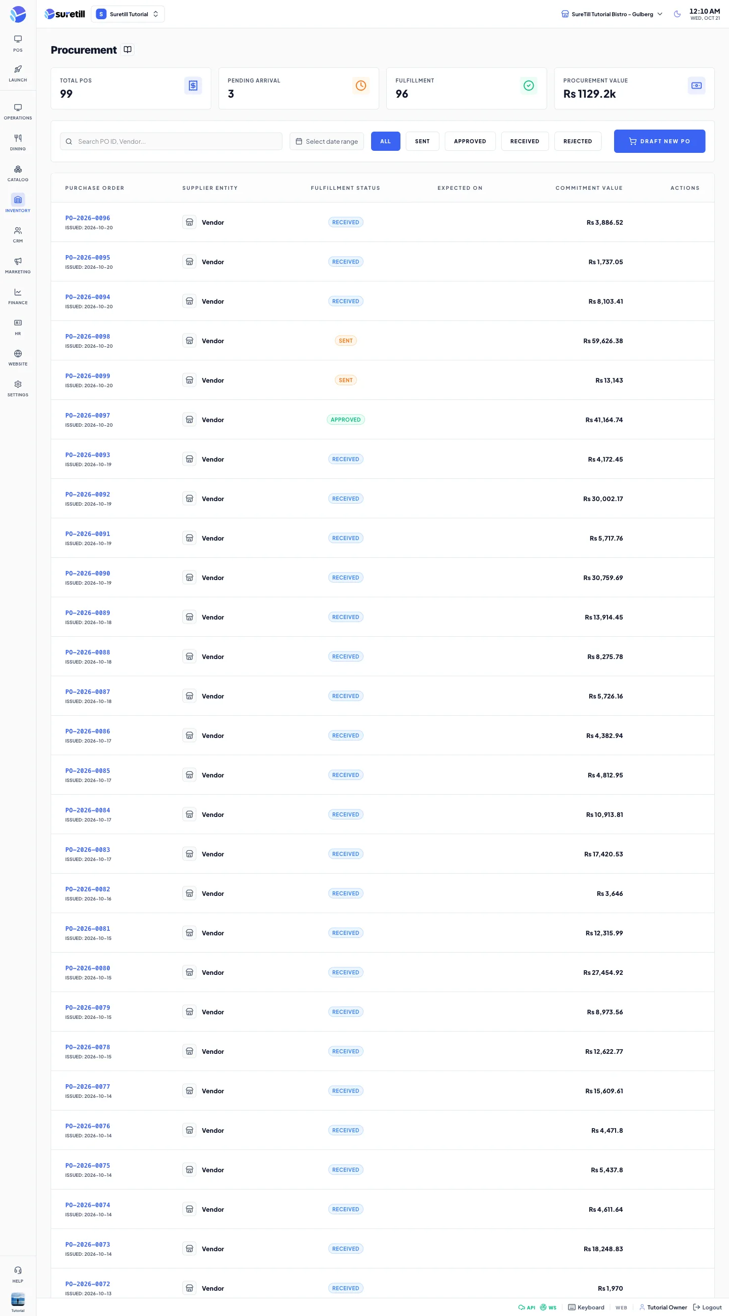 The Procurement page with four counters, the filters and the purchase order table.