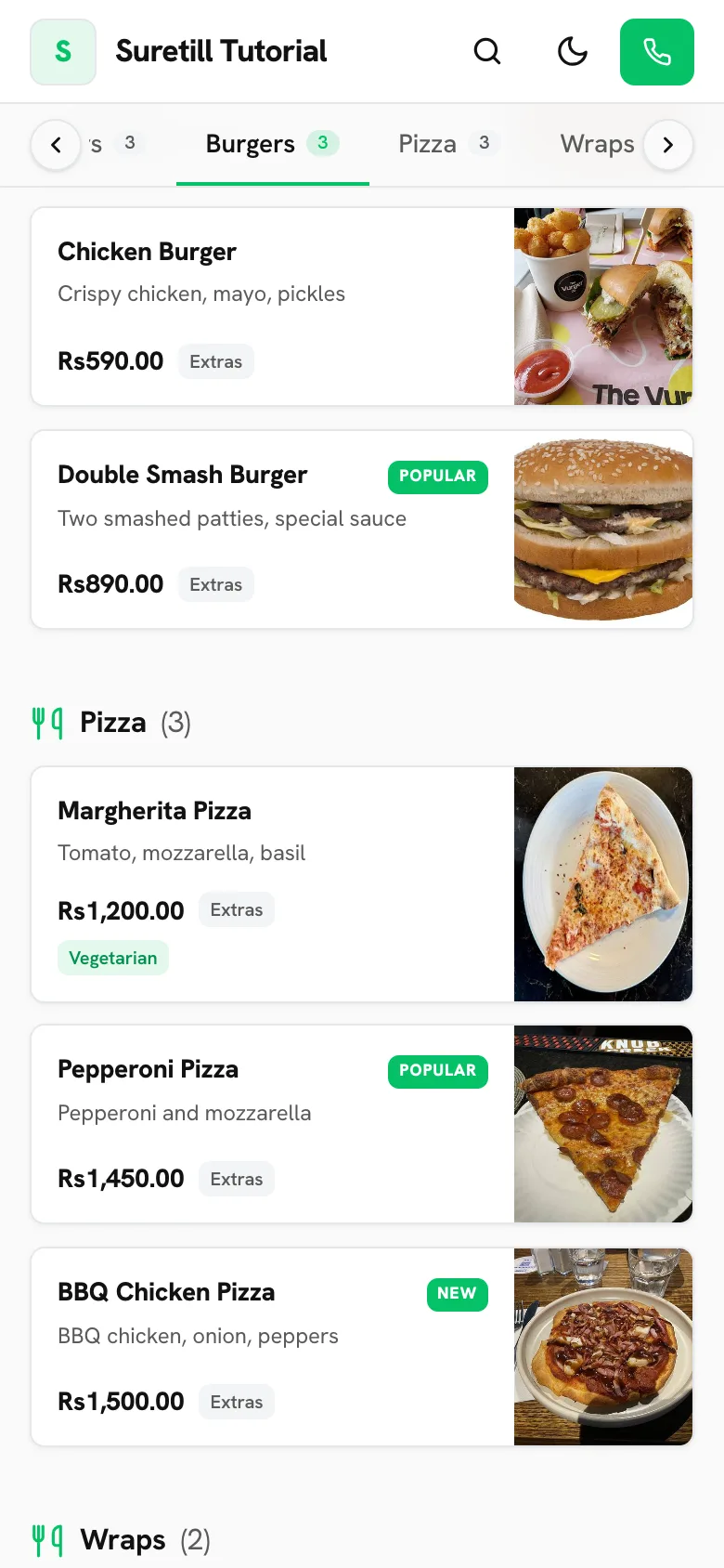 The public QR menu scrolled to Burgers and Pizza with badges such as Popular, New and Vegetarian