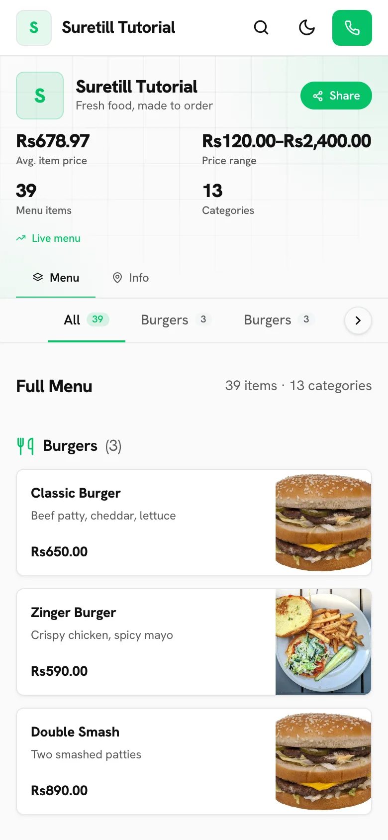 The public QR menu on a phone: restaurant name, tagline, menu statistics and the first category with photos and prices