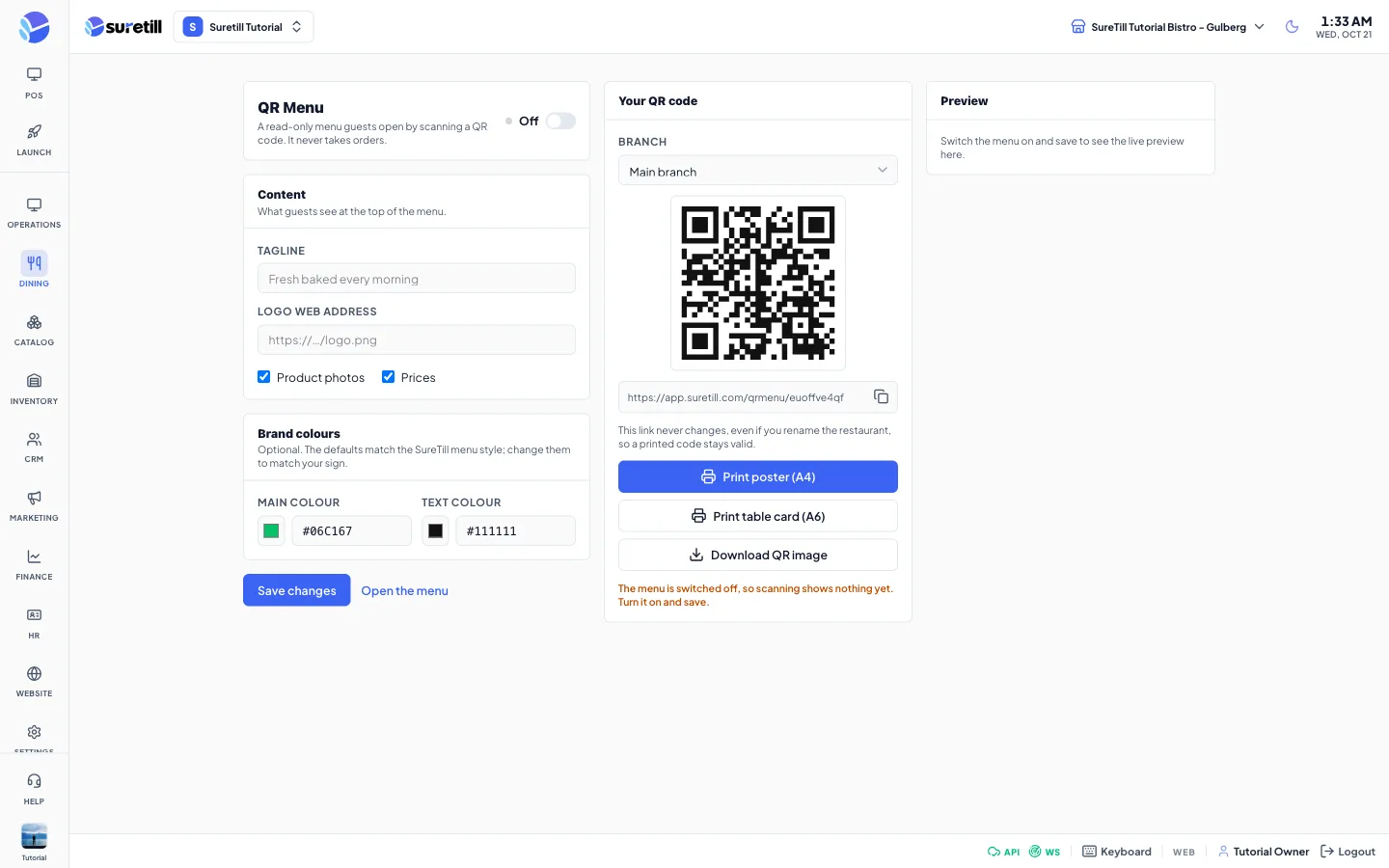 The QR Menu page with settings, the QR code with print buttons, and a phone preview