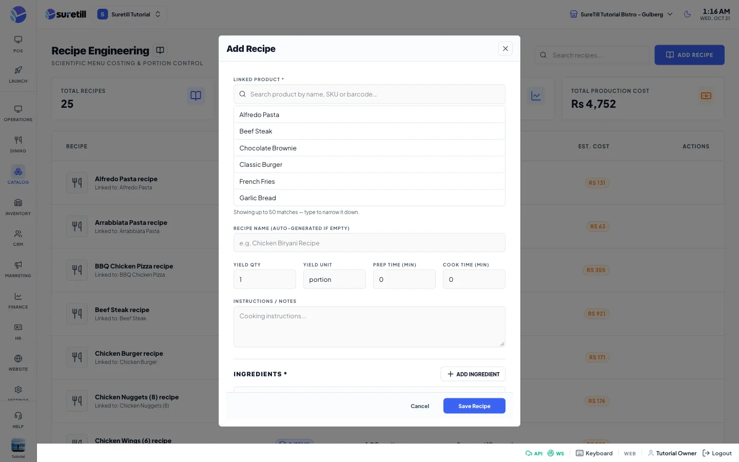 The add recipe window on the Recipes and stock deduction page