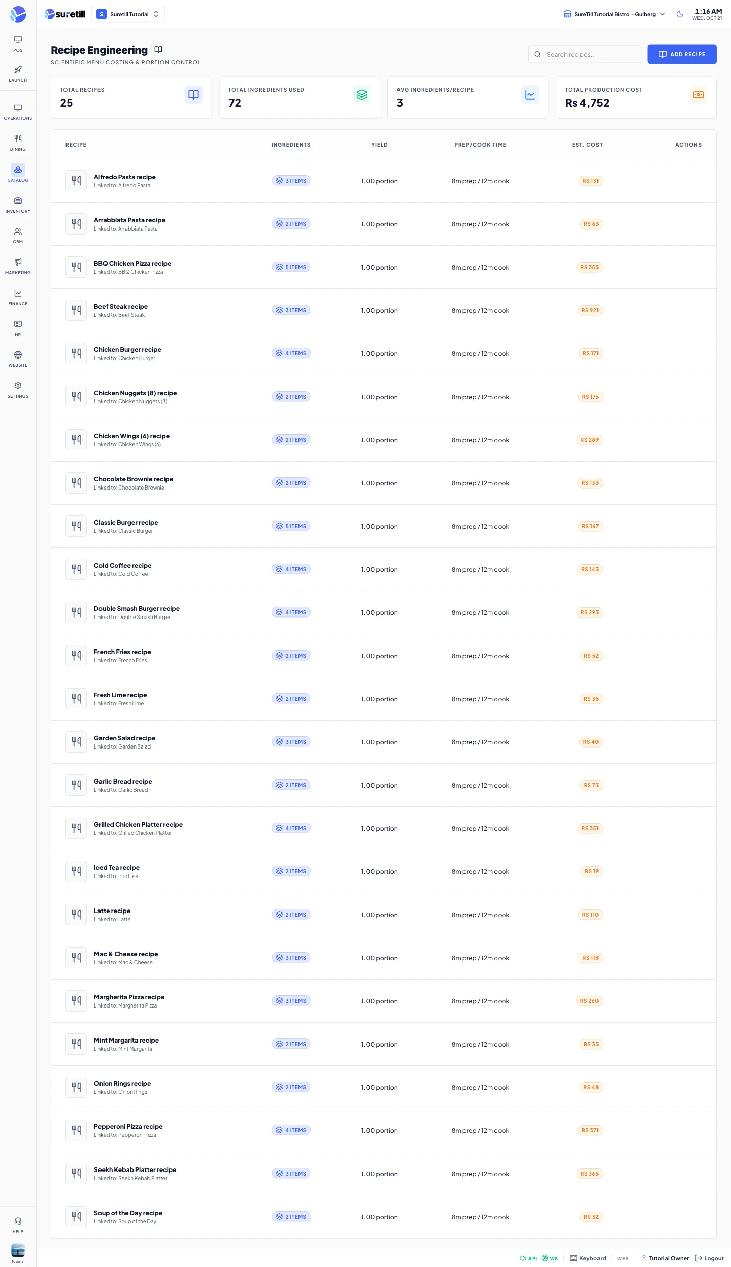 The Recipe Engineering page with totals, the health warning and the recipe table.