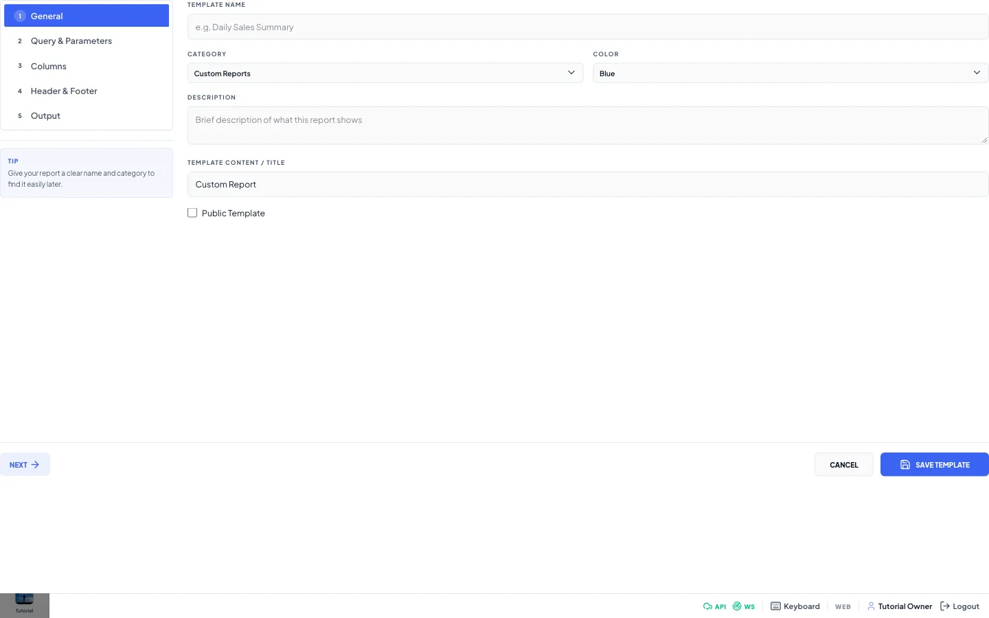 The create template window on the Report Templates page