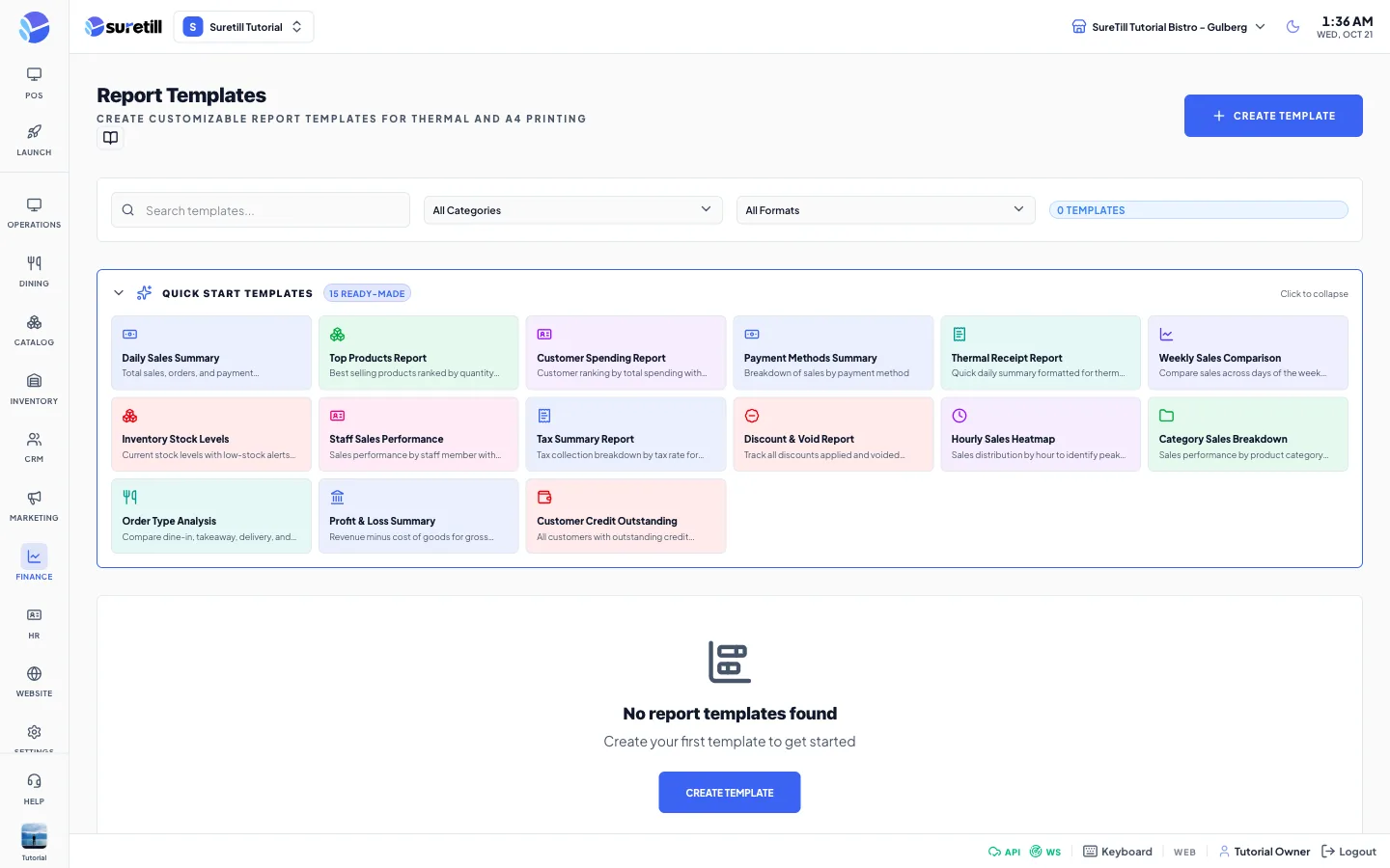 The quick start templates window on the Report Templates page