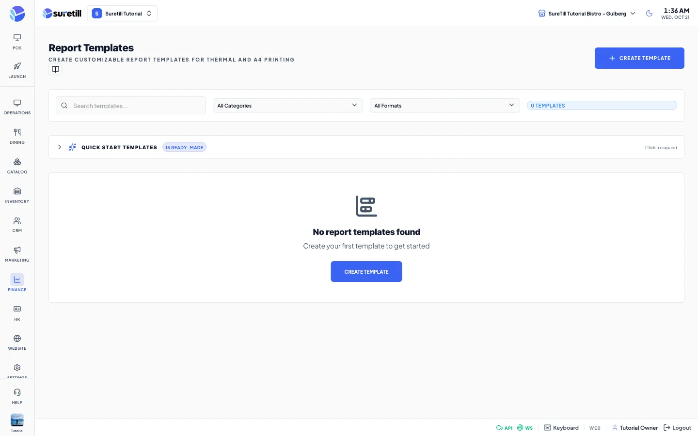 The Report Templates page with filters, the Quick Start Templates bar and template cards grouped by category