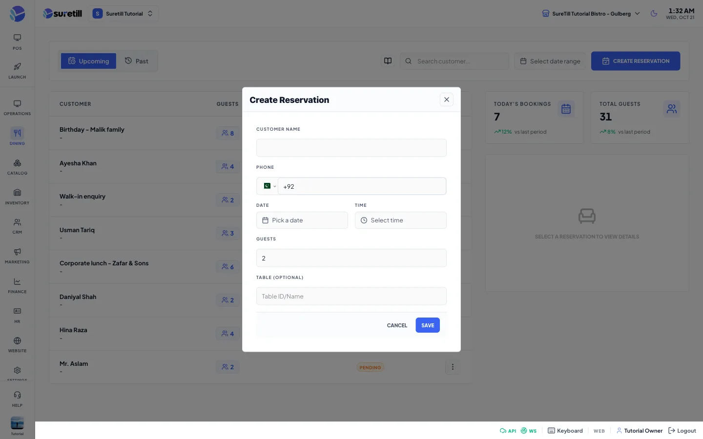 The create reservation window on the Reservations page