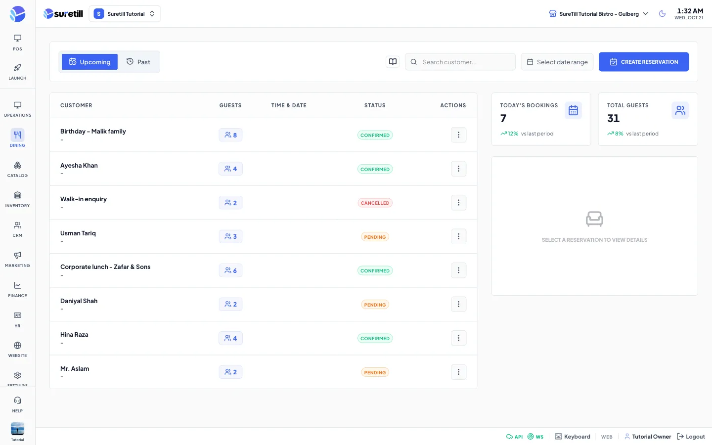 The Reservations page with a list of bookings and a detail panel on the right