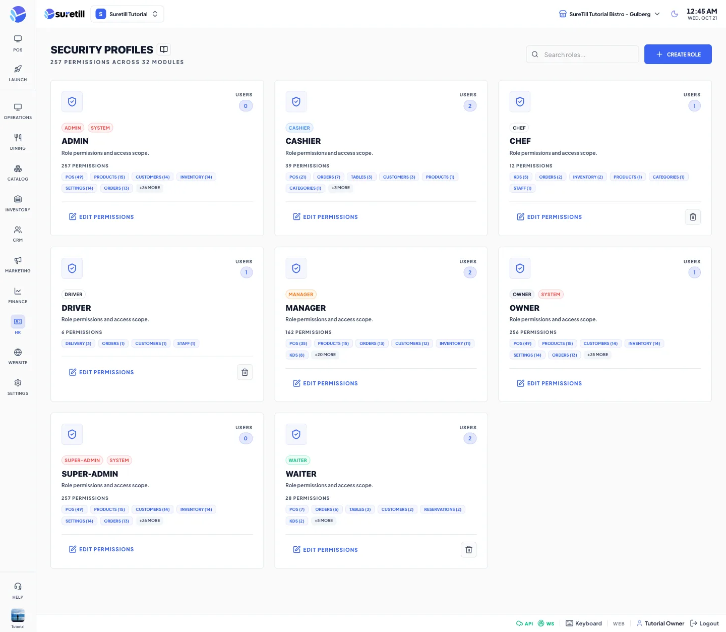 The Security Profiles page with a card for each role showing the number of users, the number of permissions and the permission modules