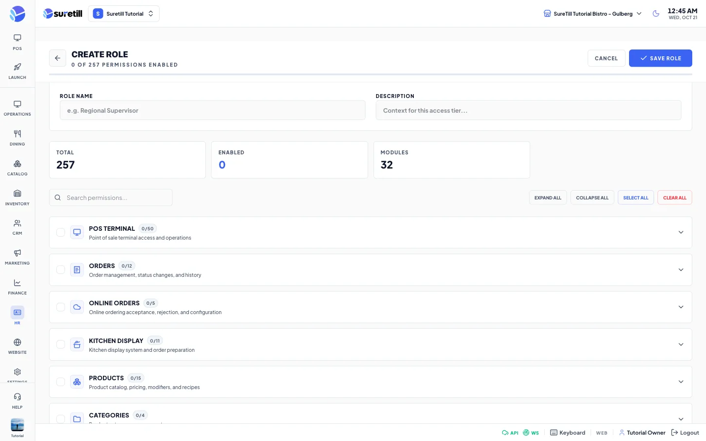 The create role window on the Roles & Permissions page