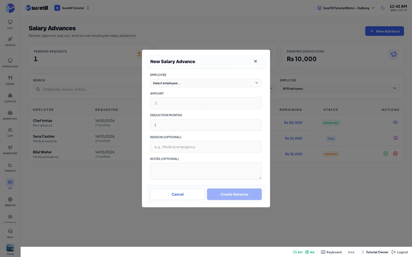 The new advance window on the Salary Advances page